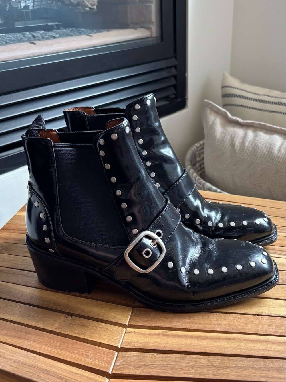 Coach Black Studded Patent Leather Ankle Boots with Buckle
